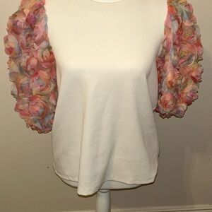 BiBi White and Pink Puff Sleeve Ruffled T-Shirt